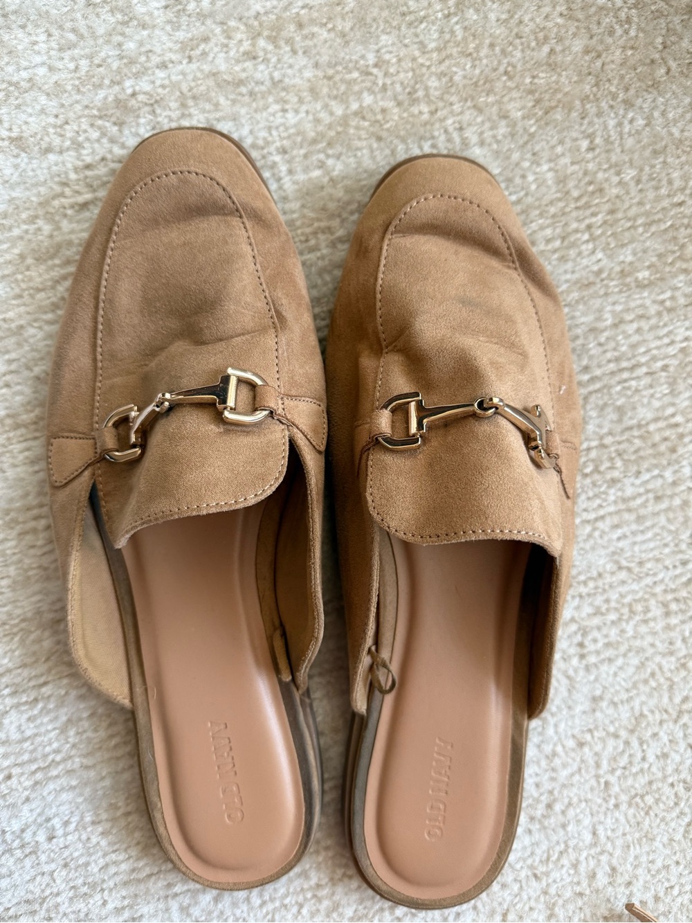 Suede Backless Loafers in Tan with Gold Bit Hardware